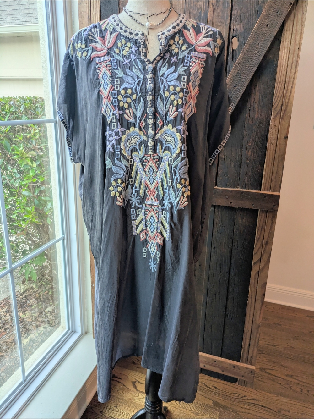Johnny Was Gray Embroidered Midi Dress with Pastel Floral Motif